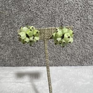 Vintage 60s Green Glass Bead Clip On Earrings Retro Mid Century